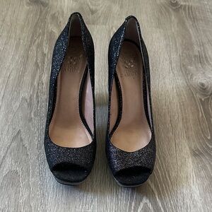 Vince Camuto Black Glitter Peep-Toe Heels